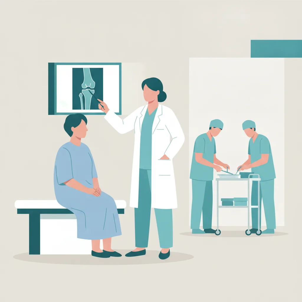 무릎 관절염으로 체중부하 X-ray 검사를 받고 인공관절 수술 적합성을 의료진과 상담하는 환자<p style=