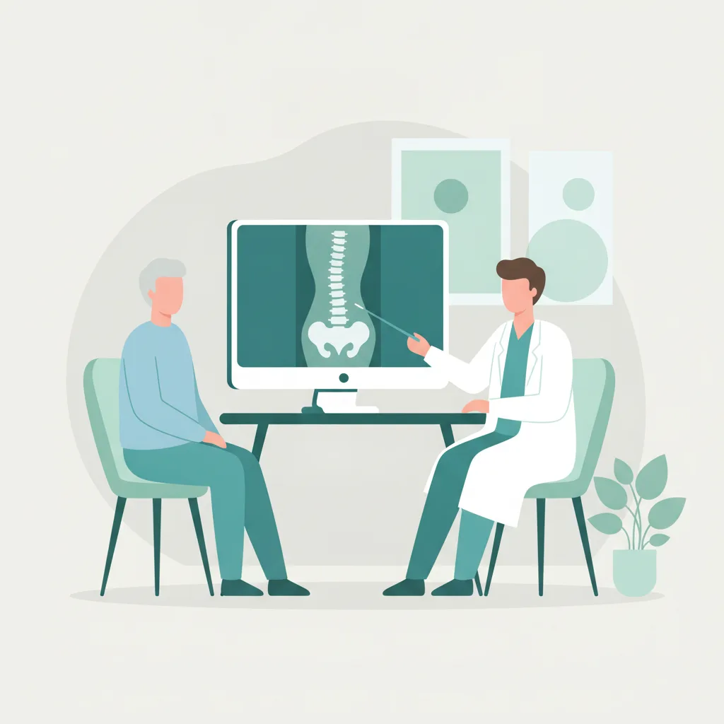 척추 MRI 검사 결과를 보며 허리 수술 비용과 보험 적용 범위에 대해 상담하는 환자와 의료진<p style=