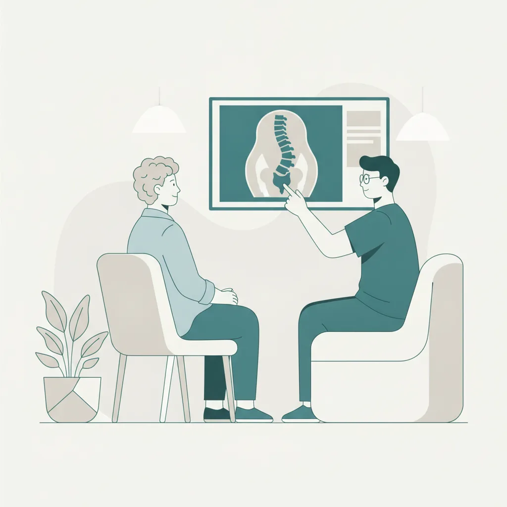 부산 허리 병원에서 의사가 환자와 함께 MRI 영상으로 신경 압박과 디스크 상태를 설명하며 수술 필요성을 판단하는 상담 장면<p style=