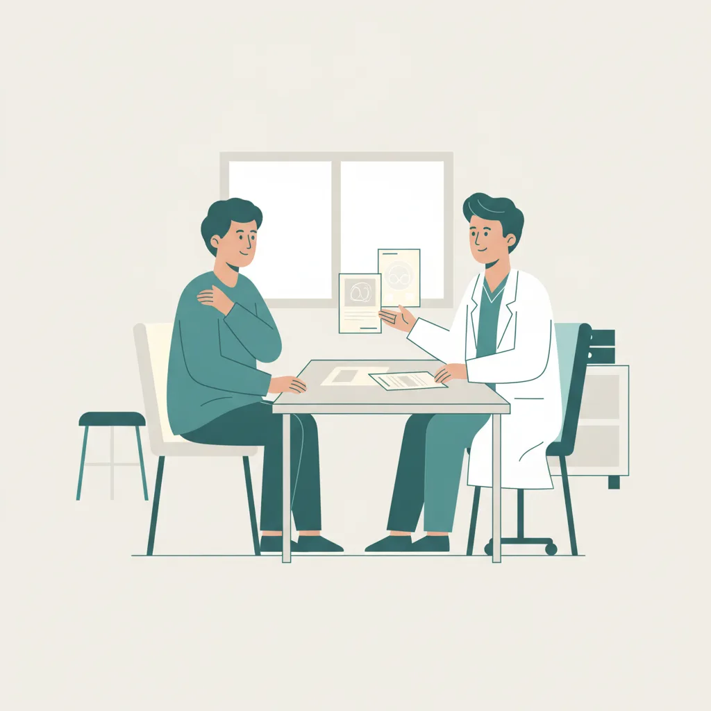 부산 회전근개파열 환자가 의료진과 수술비와 건강보험 적용에 대해 상담하고 있는 진료실 장면<p style=