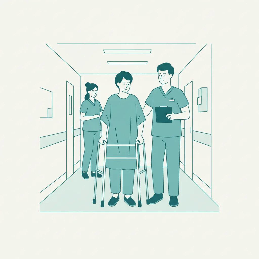 고관절 수술 후 보조기를 이용한 초기 재활 단계에서 물리치료사의 지도 아래 보행 연습을 하는 환자<p style=