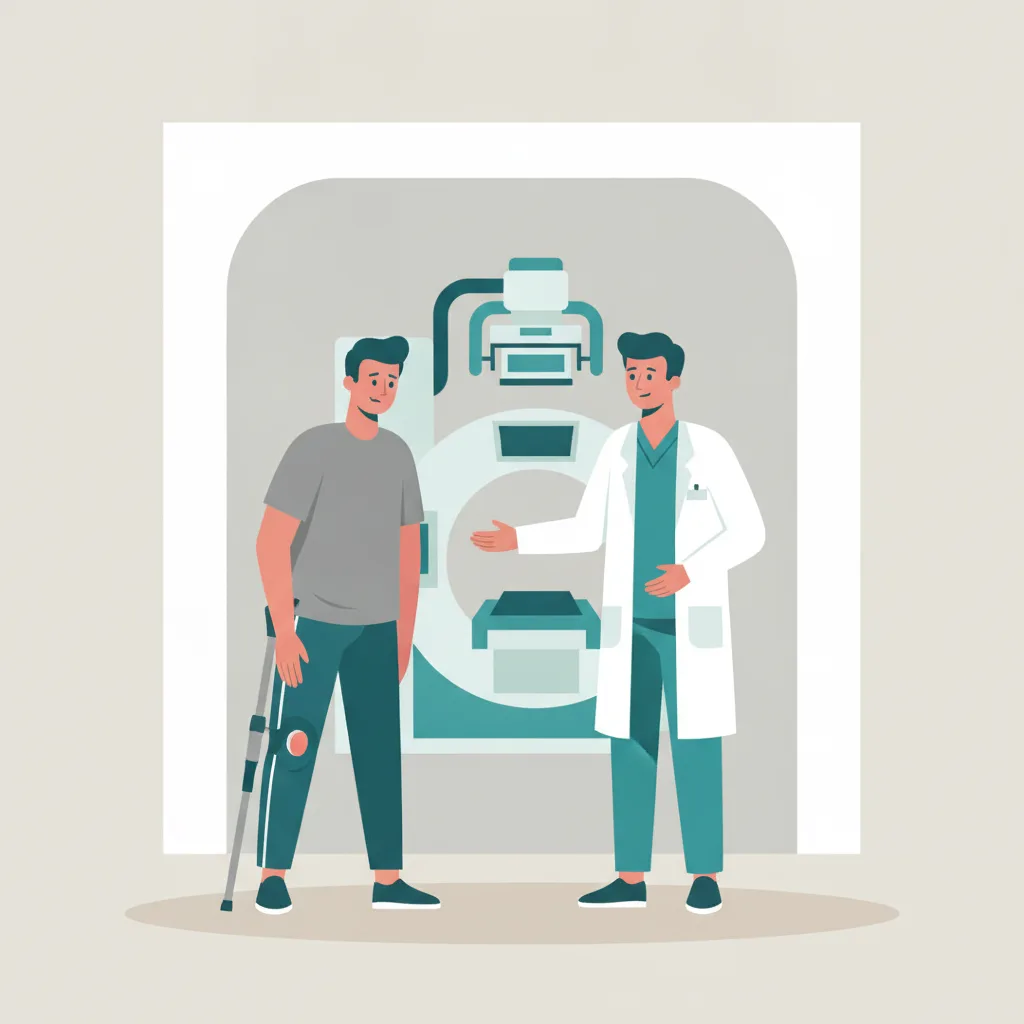 무릎 외상 후 절뚝거리며 병원을 방문한 환자가 X-ray 스크리닝부터 MRI 정밀검사까지 단계적 진료를 받는 장면<p style=