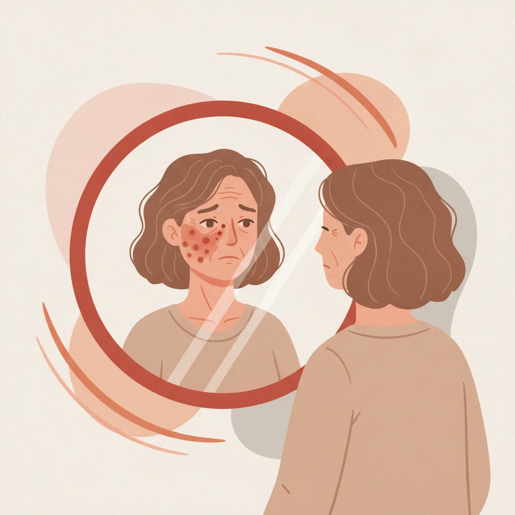 한쪽 얼굴에 물집이 생기고 통증을 느끼는 대상포진 환자가 거울을 보고 있는 모습