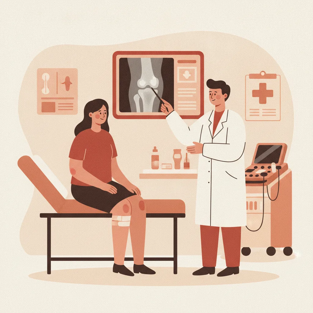 정형외과 진료실에서 의사가 환자에게 무릎 인대 손상 의심 시 X-ray와 초음파, MRI 검사 순서를 설명하고 있다.<p style=