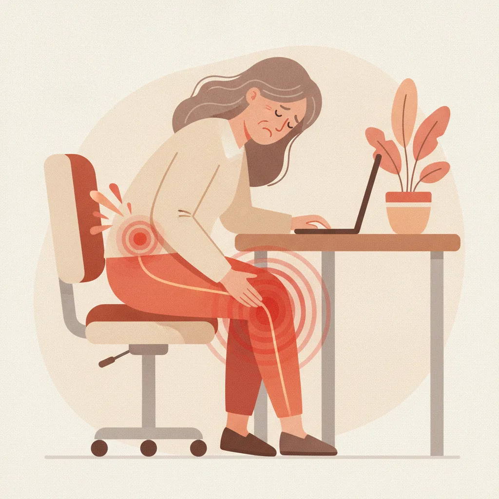 앉아서 일하다 엉덩이에서 다리까지 저린 하지방사통 증상을 겪고 있는 직장인<p style=